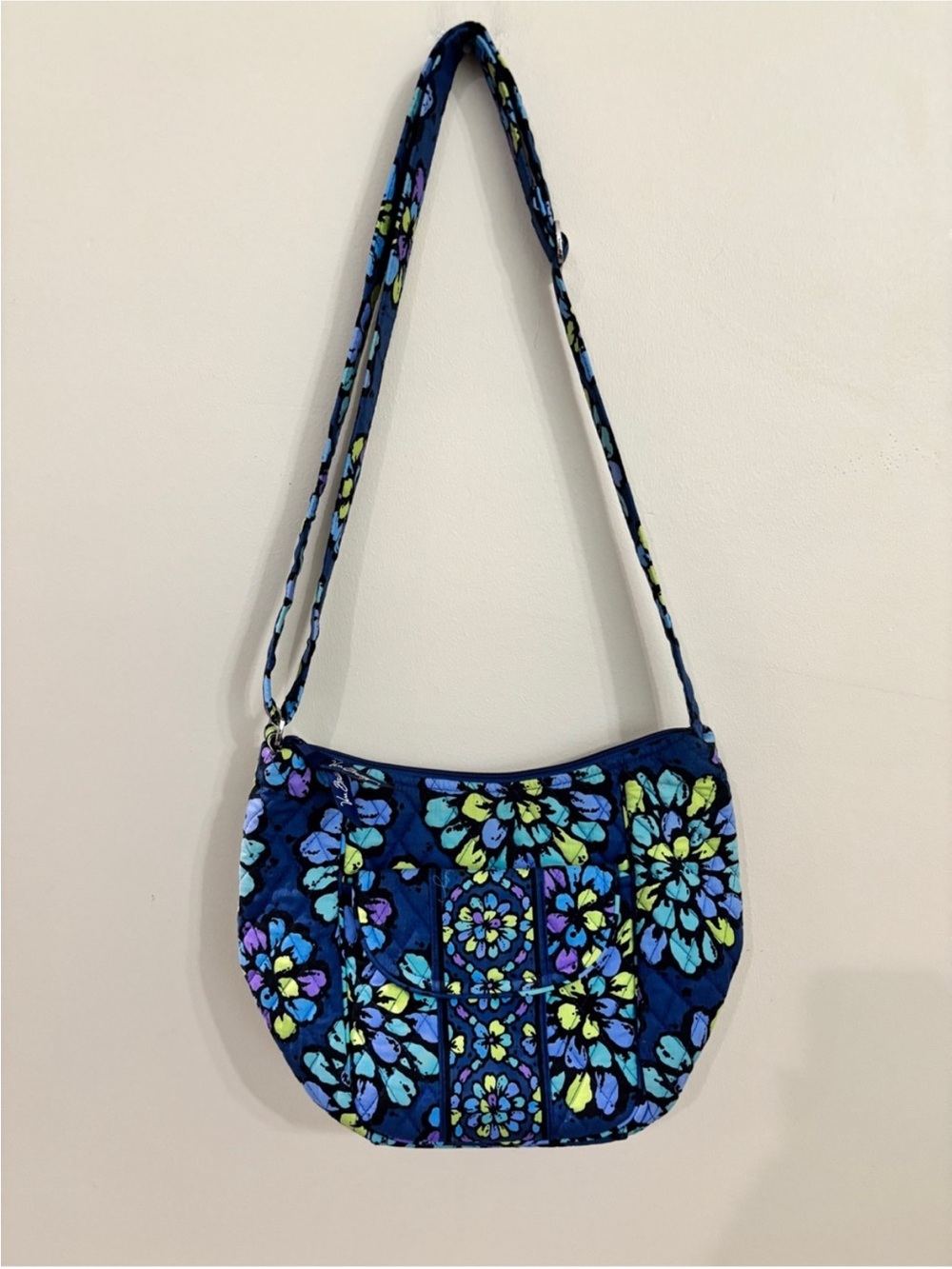 FINAL Vera Bradley Navy Quilted Crossbody with Teal, Lime & Purple Floral Print - Picture 2 of 13